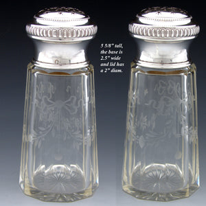 Elegant Antique French Sterling Silver & Intaglio Etched Glass 5.5” Sugar Shaker, Sifter