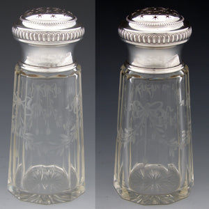 Elegant Antique French Sterling Silver & Intaglio Etched Glass 5.5” Sugar Shaker, Sifter