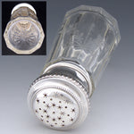 Elegant Antique French Sterling Silver & Intaglio Etched Glass 5.5” Sugar Shaker, Sifter