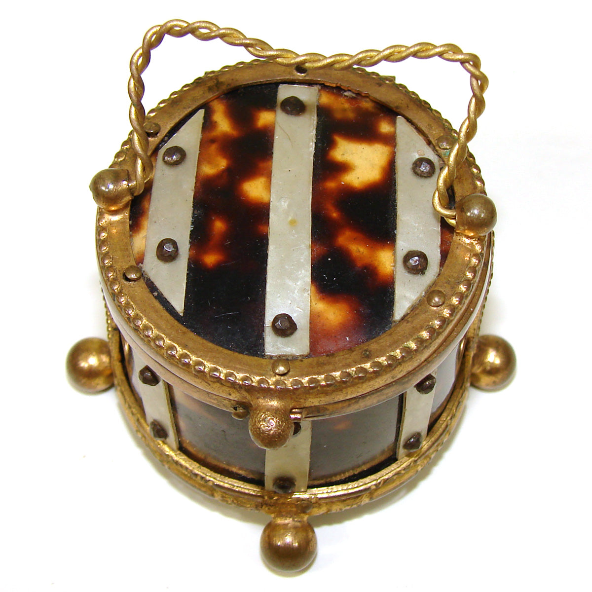 Antique French Jewelry or Ring, Trinket Box, Tortoise Shell & Mother of Pearl, Ormolu Frame