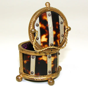 Antique French Jewelry or Ring, Trinket Box, Tortoise Shell & Mother of Pearl, Ormolu Frame