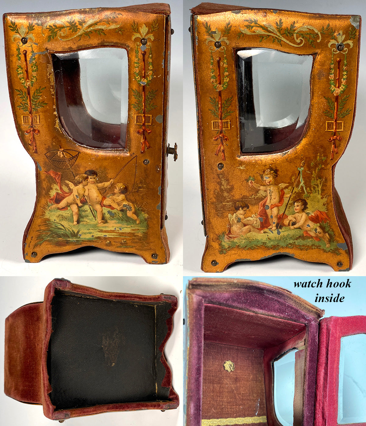 Antique French Vernis Martin Decorated Miniature Sedan Chair Vitrine, Pocket Watch Box