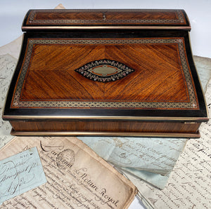 Fine Antique French Napoleon III Era (c.1850-70s) Kingwood Writer's Slope, 13.75" Box, Chest, Double Inkwell