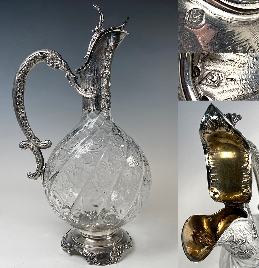 Fine Century French Sterling Silver & Baccarat Crystal Claret or Wine Jug, Decanter by Debain (1883-1911)