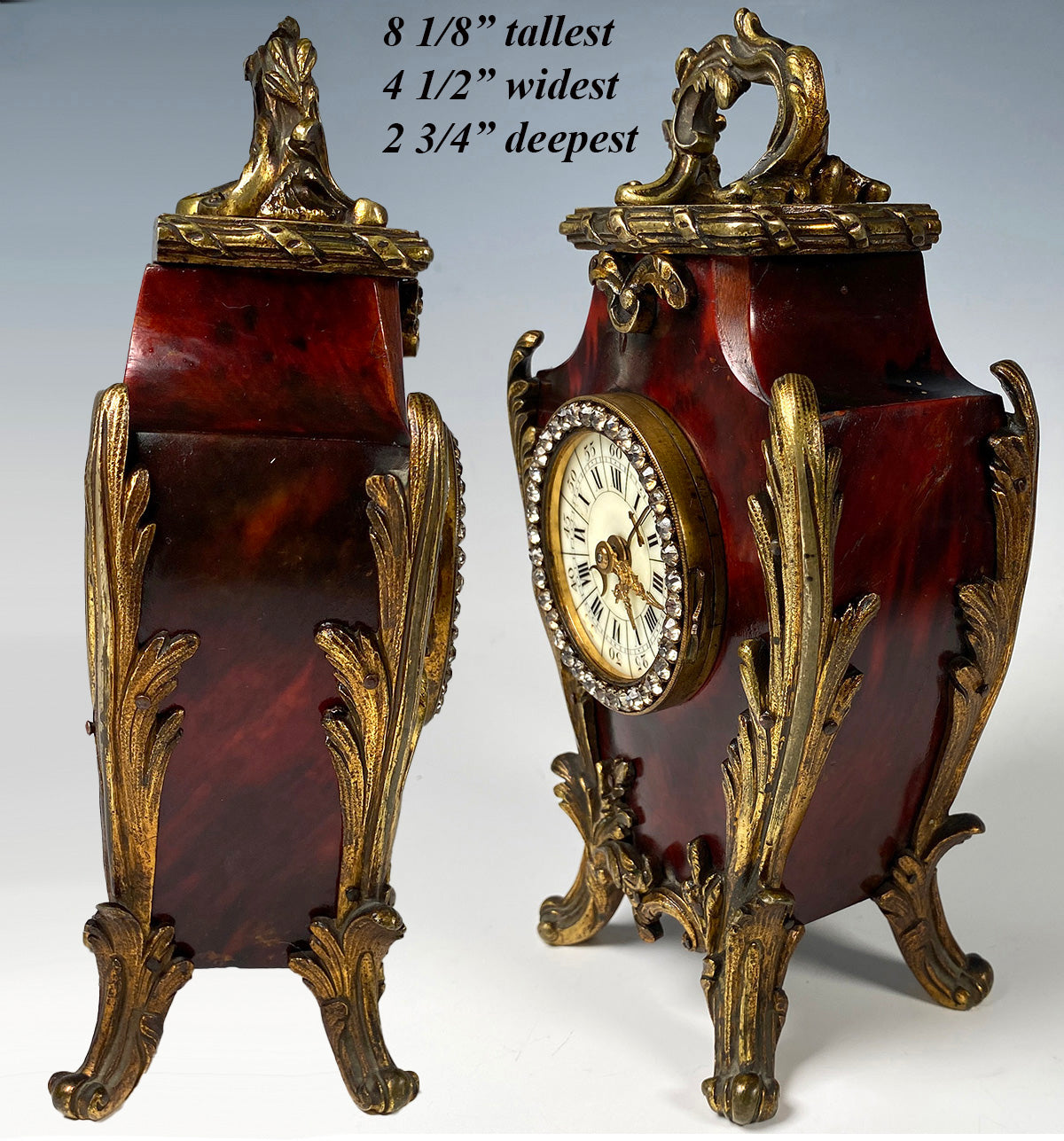 Superb 19th c. Antique French Boudoir or Desk Clock in Tortoise Shell, Paste Gem Face, Enamel Dial