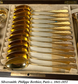Antique French Sterling Silver (close at .800/1000) 18k Gold Vermeil Tea Service, Oak Chest