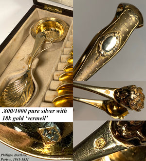 Antique French Sterling Silver (close at .800/1000) 18k Gold Vermeil Tea Service, Oak Chest