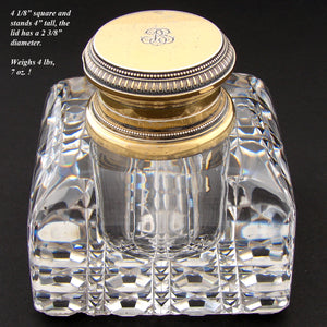 Rare Antique French 18k Gold on Sterling Silver “Vermeil” & Heavy Cut Crystal 4 1/8” Inkwell, “BS” Monogram