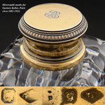 Rare Antique French 18k Gold on Sterling Silver “Vermeil” & Heavy Cut Crystal 4 1/8” Inkwell, “BS” Monogram