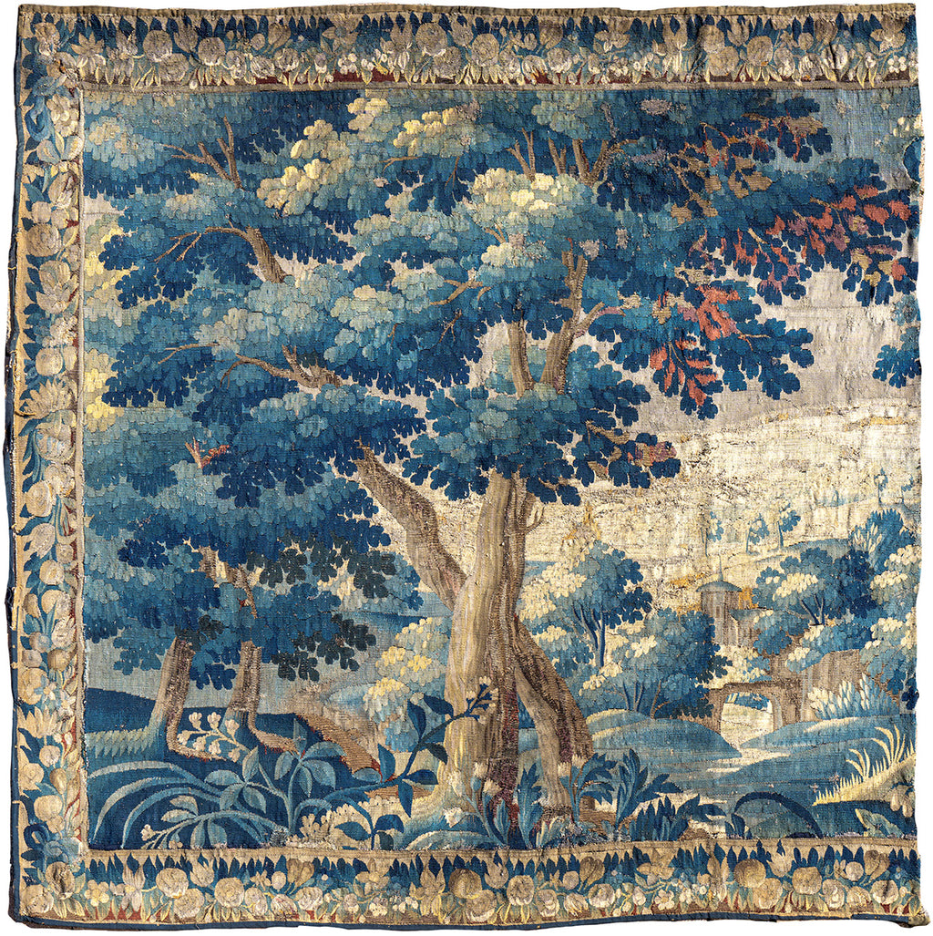 Antique 17th Century Aubusson or Flemish Verdure Tapestry 8' 10" x 8' 8" Fragment, 3 Border Panels
