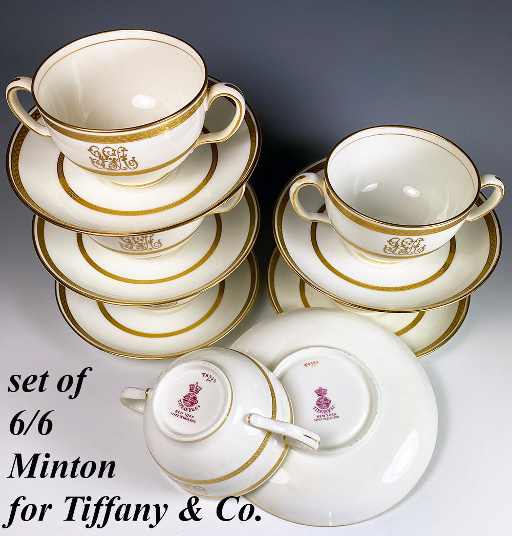 Set: 6/6 Antique 2-Handle Cups, Saucers, Minton for Tiffany & Co, Gold Encrusted, Bouillon