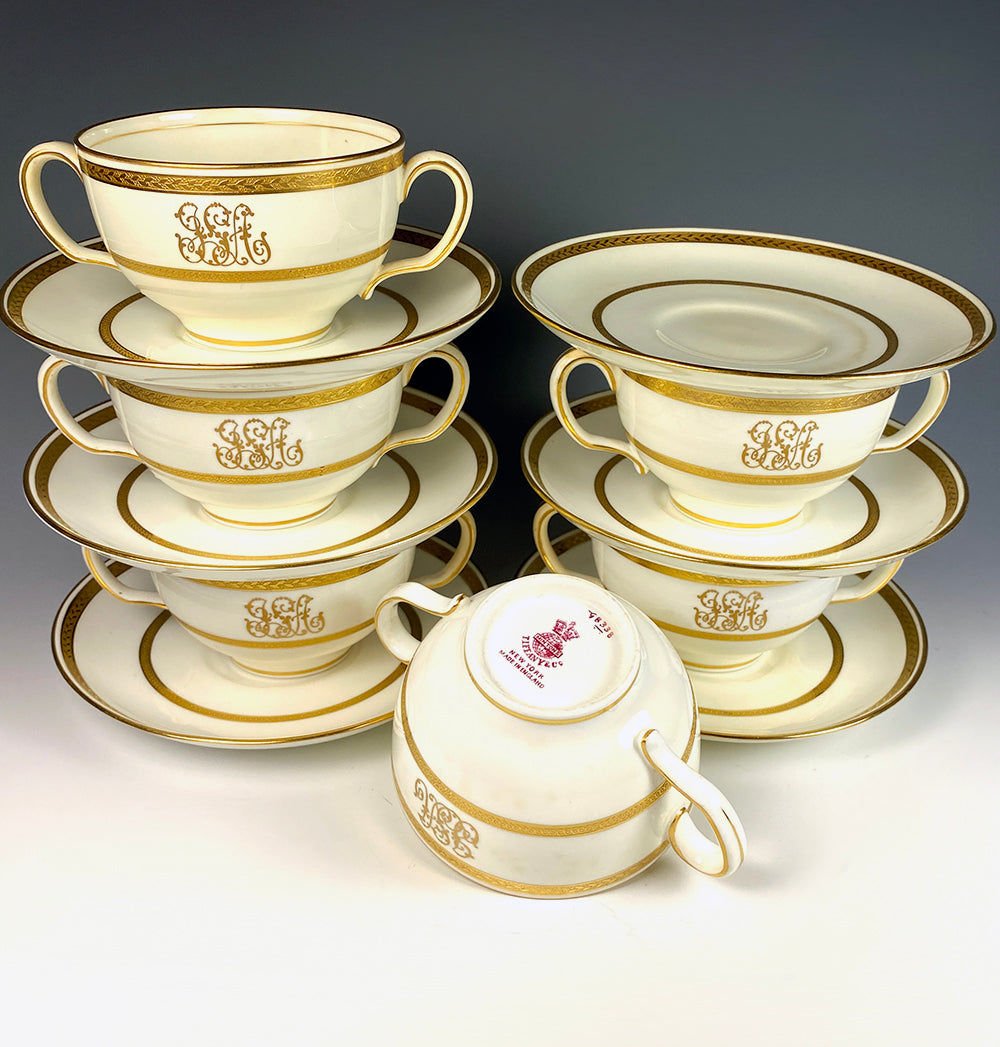 Set: 6/6 Antique 2-Handle Cups, Saucers, Minton for Tiffany & Co, Gold Encrusted, Bouillon