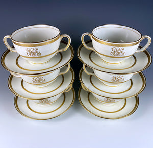 Set: 6/6 Antique 2-Handle Cups, Saucers, Minton for Tiffany & Co, Gold Encrusted, Bouillon