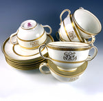 Set: 6/6 Antique 2-Handle Cups, Saucers, Minton for Tiffany & Co, Gold Encrusted, Bouillon