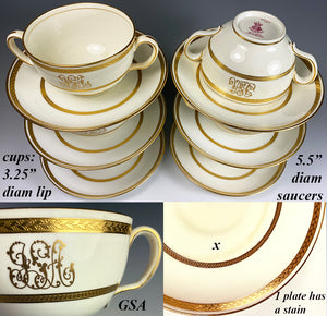 Set: 6/6 Antique 2-Handle Cups, Saucers, Minton for Tiffany & Co, Gold Encrusted, Bouillon