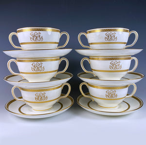 Set: 6/6 Antique 2-Handle Cups, Saucers, Minton for Tiffany & Co, Gold Encrusted, Bouillon