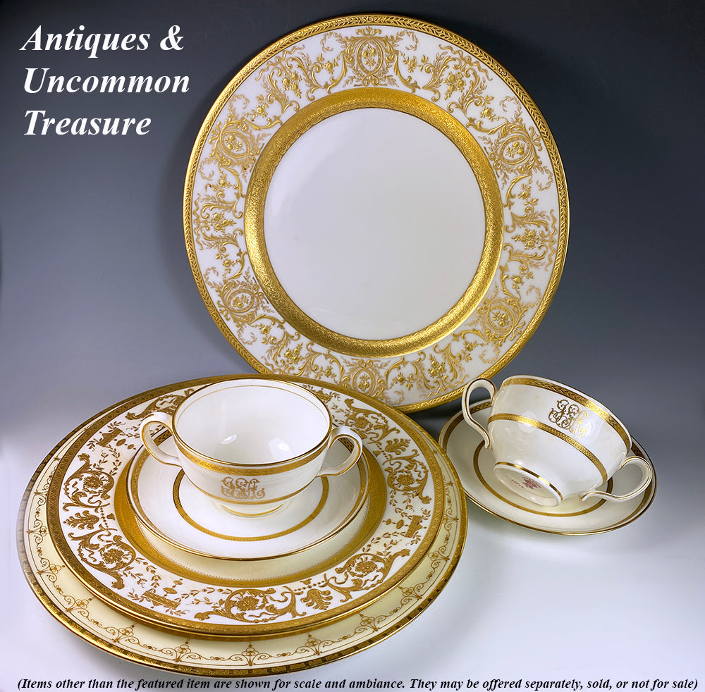 Set: 6/6 Antique 2-Handle Cups, Saucers, Minton for Tiffany & Co, Gold Encrusted, Bouillon