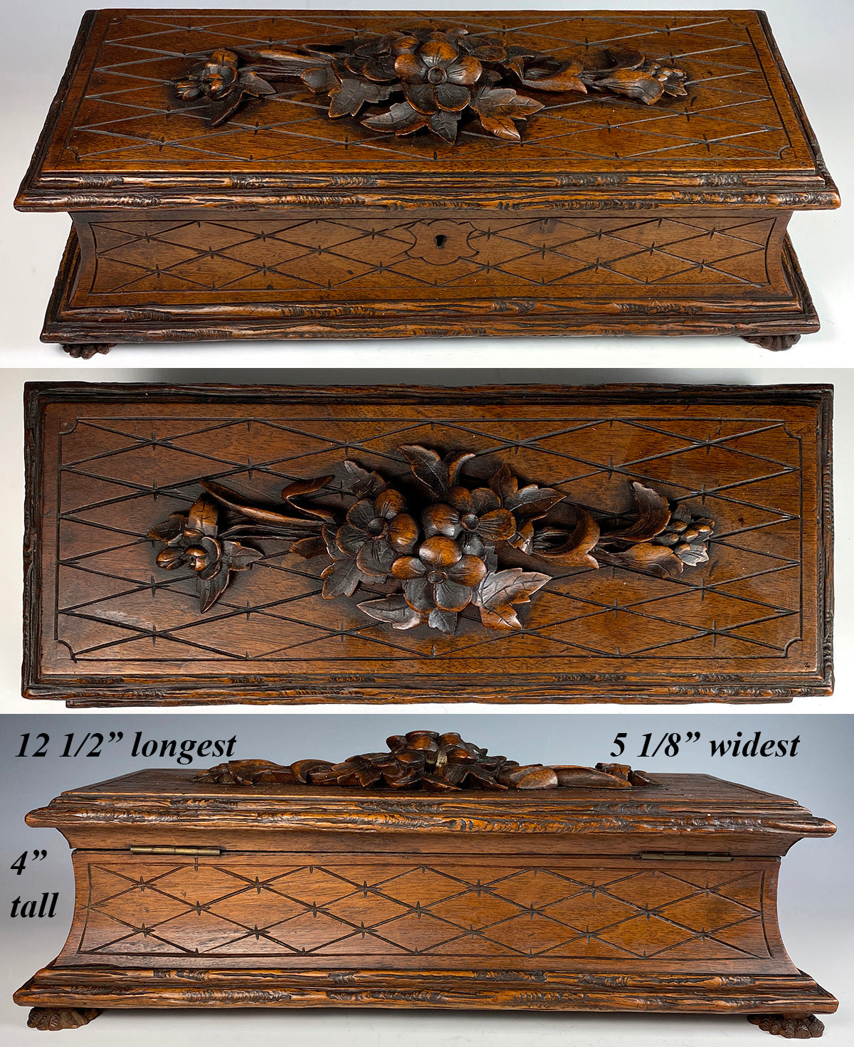 Antique Hand Carved Black Forest 12.5" Long Glove or Jewelry Box, Casket, Flowers