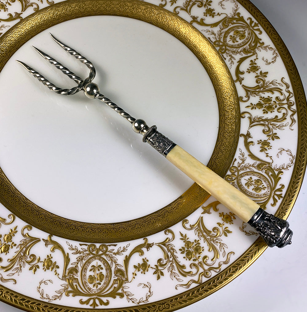 Fine Antique Edwardian or Victorian English Silver Plate Bread Server, Twisted Tines, Ivory Handle