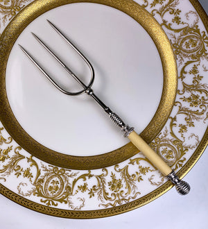 Antique English Silver Plate and Ivory Bread Serving Fork, Edwardian to Victorian