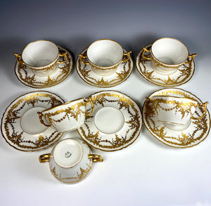 Set of 6 c.1907 J. Pouyat, Limoges, France Porcelain Bouillon Cups and Saucers, Raised Gold Enamel