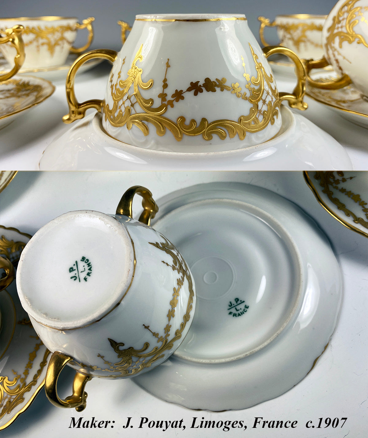 Set of 6 c.1907 J. Pouyat, Limoges, France Porcelain Bouillon Cups and Saucers, Raised Gold Enamel