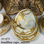 Set of 6 c.1907 J. Pouyat, Limoges, France Porcelain Bouillon Cups and Saucers, Raised Gold Enamel