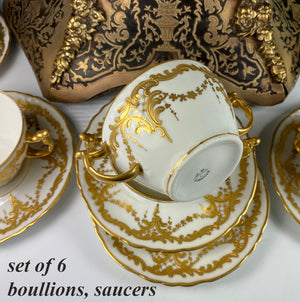 Set of 6 c.1907 J. Pouyat, Limoges, France Porcelain Bouillon Cups and Saucers, Raised Gold Enamel