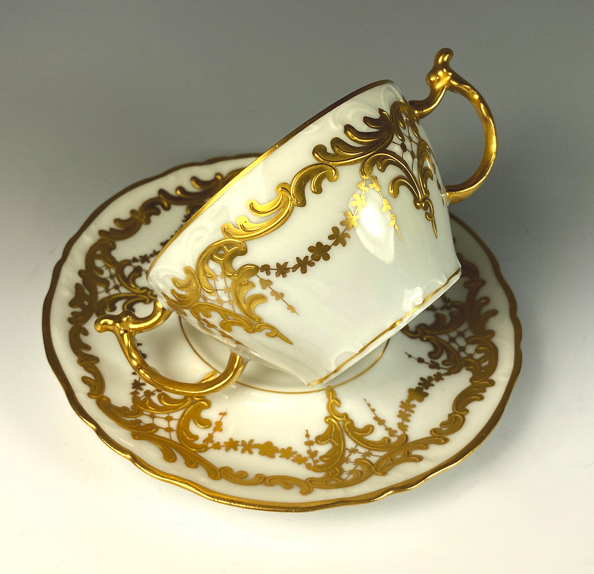 Set of 6 c.1907 J. Pouyat, Limoges, France Porcelain Bouillon Cups and Saucers, Raised Gold Enamel
