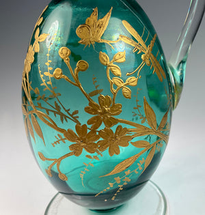Antique French Carafe, Carafon, Teal Glass w Raised Gold Enamel Hand Painted w Bugs