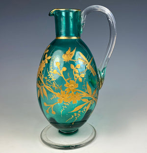 Antique French Carafe, Carafon, Teal Glass w Raised Gold Enamel Hand Painted w Bugs
