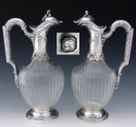 Superb Antique French Sterling Silver and Crystal Claret Jug, Carafe, Wine Decanter PAIR (2), 19th Century