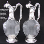 Superb Antique French Sterling Silver and Crystal Claret Jug, Carafe, Wine Decanter PAIR (2), 19th Century