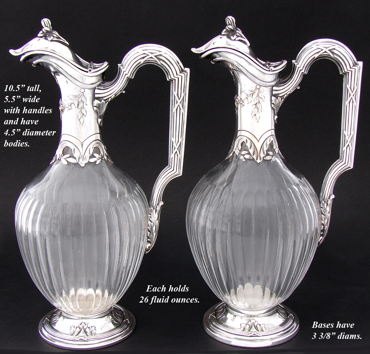 Superb Antique French Sterling Silver and Crystal Claret Jug, Carafe, Wine Decanter PAIR (2), 19th Century