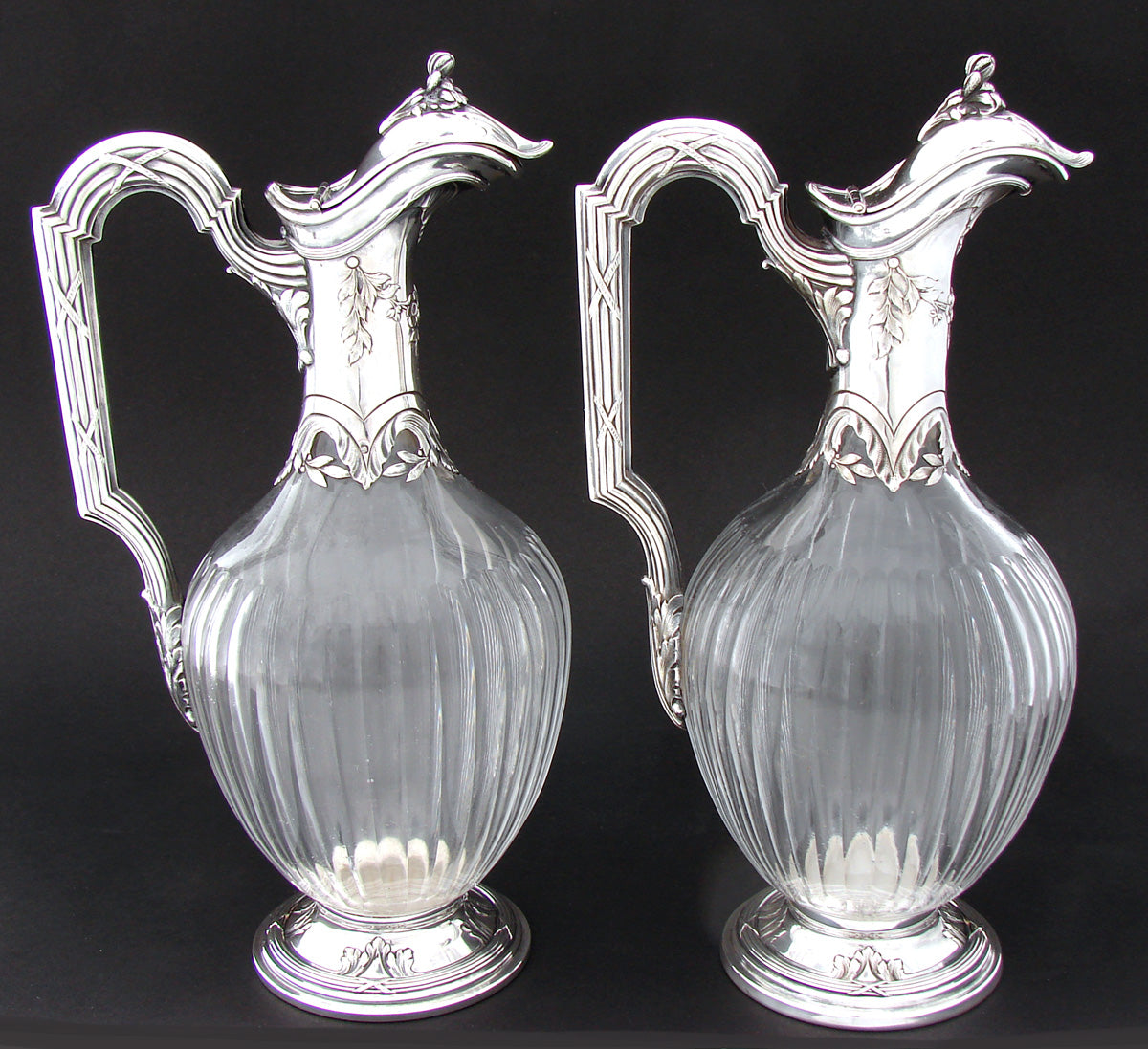 Superb Antique French Sterling Silver and Crystal Claret Jug, Carafe, Wine Decanter PAIR (2), 19th Century