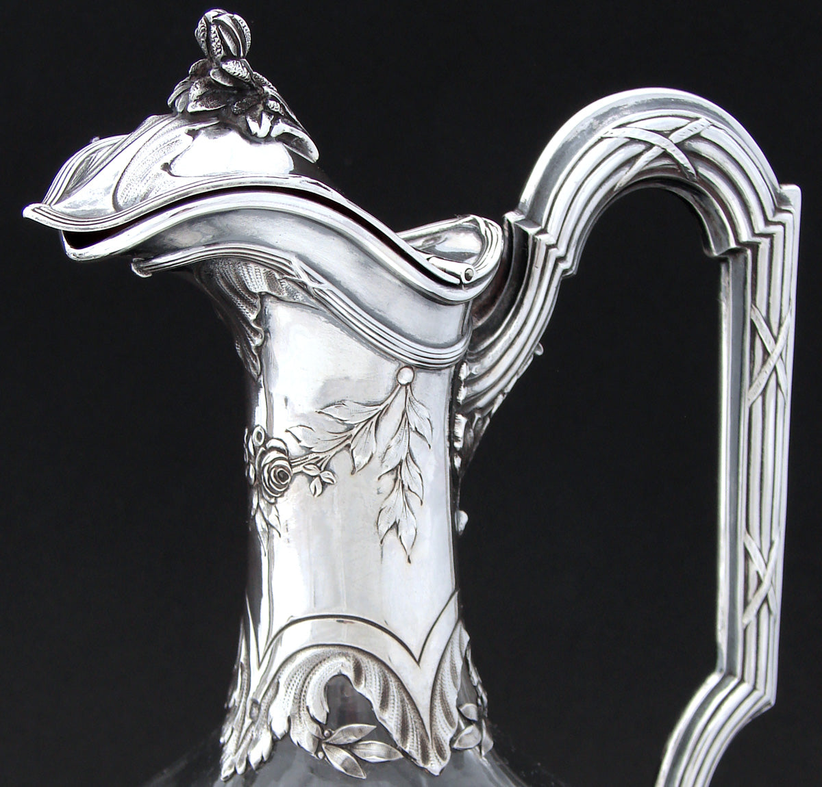 Superb Antique French Sterling Silver and Crystal Claret Jug, Carafe, Wine Decanter PAIR (2), 19th Century