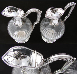 Superb Antique French Sterling Silver and Crystal Claret Jug, Carafe, Wine Decanter PAIR (2), 19th Century