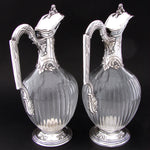 Superb Antique French Sterling Silver and Crystal Claret Jug, Carafe, Wine Decanter PAIR (2), 19th Century