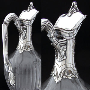 Superb Antique French Sterling Silver and Crystal Claret Jug, Carafe, Wine Decanter PAIR (2), 19th Century