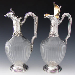 Superb Antique French Sterling Silver and Crystal Claret Jug, Carafe, Wine Decanter PAIR (2), 19th Century