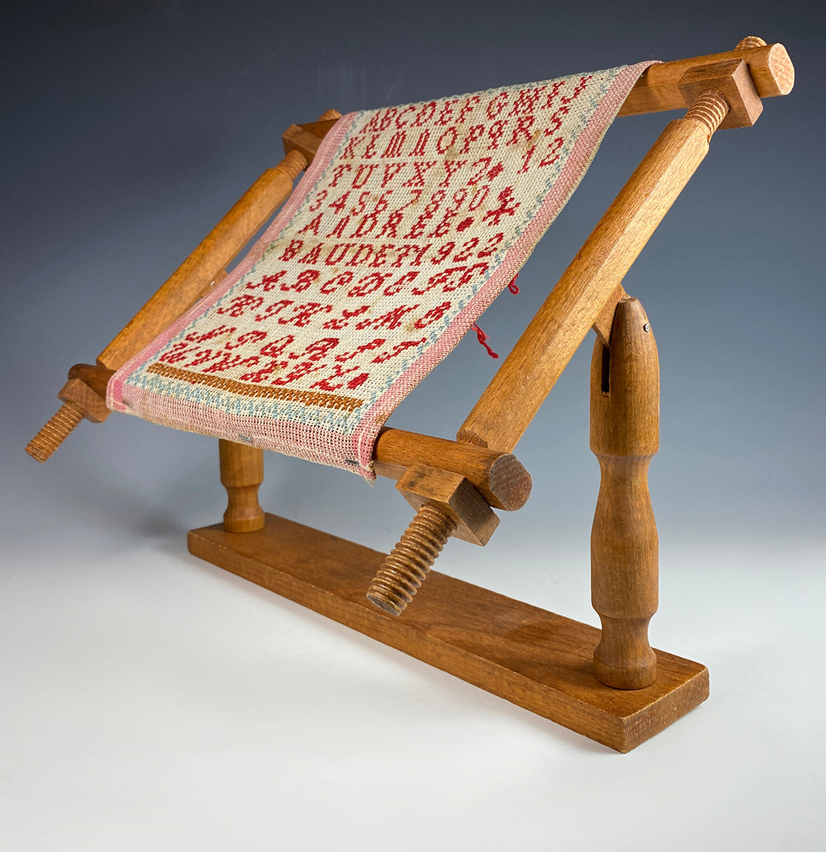 Antique French Needlework Stretch Frame and 19th Century Alphabet Sampler Tapestry