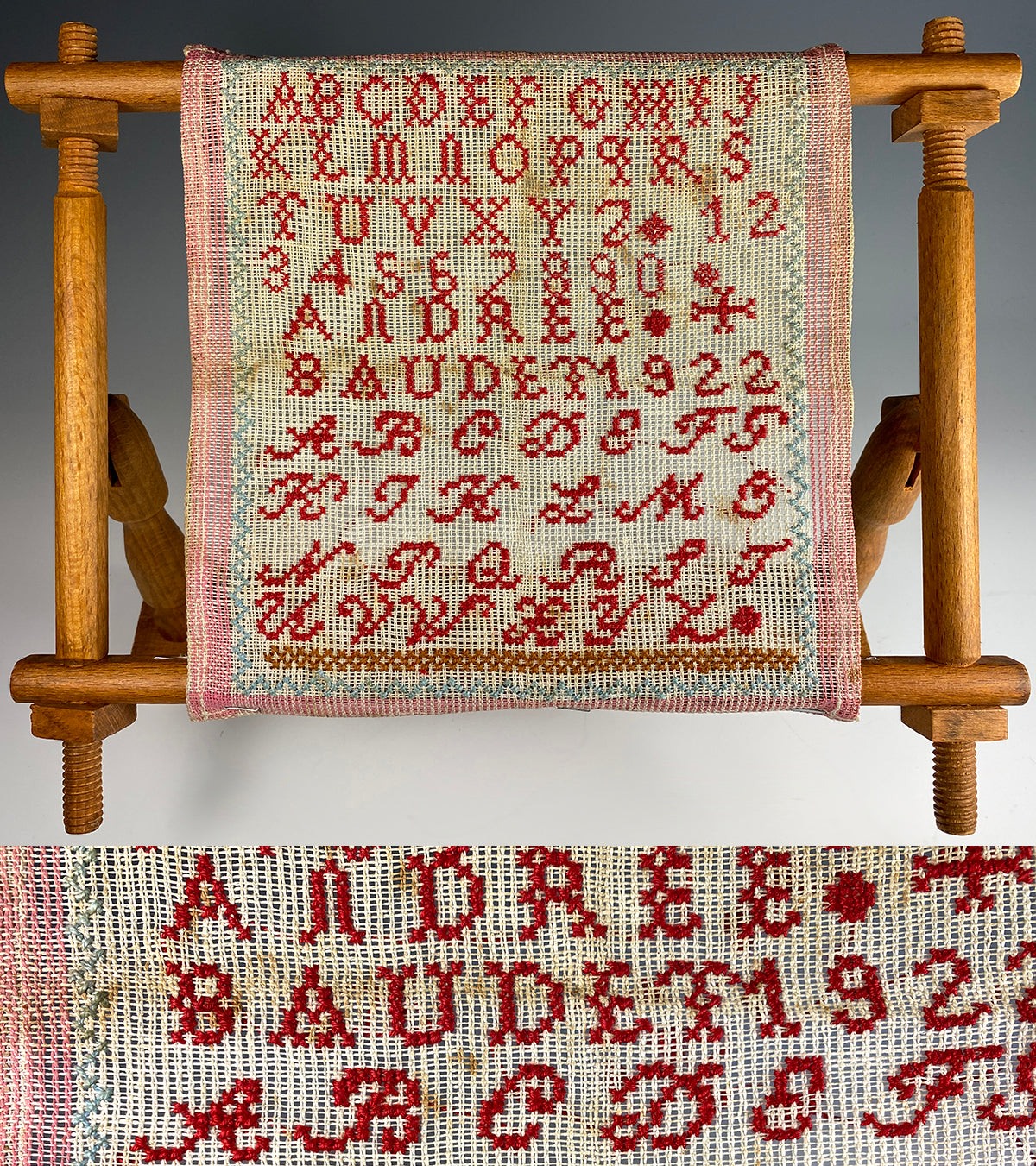 Antique French Needlework Stretch Frame and 19th Century Alphabet Sampler Tapestry