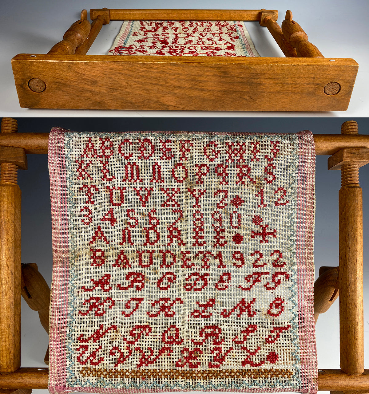 Antique French Needlework Stretch Frame and 19th Century Alphabet Sampler Tapestry