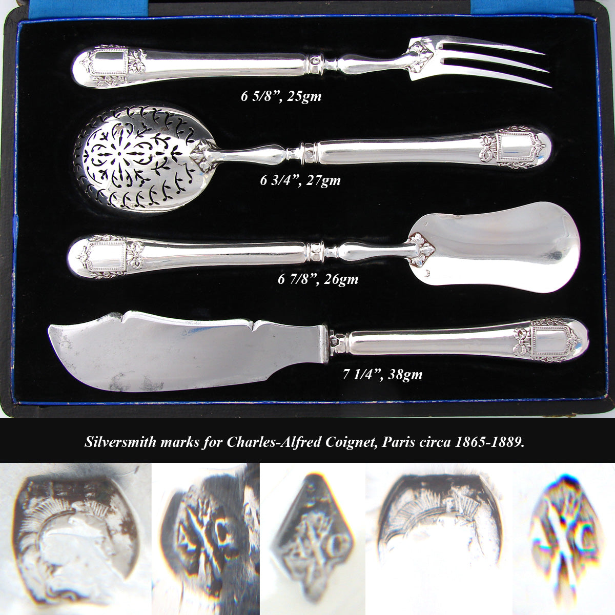 Antique French Sterling Silver 4p Hors d'Oeuvre Implement Set, Original Fitted Box