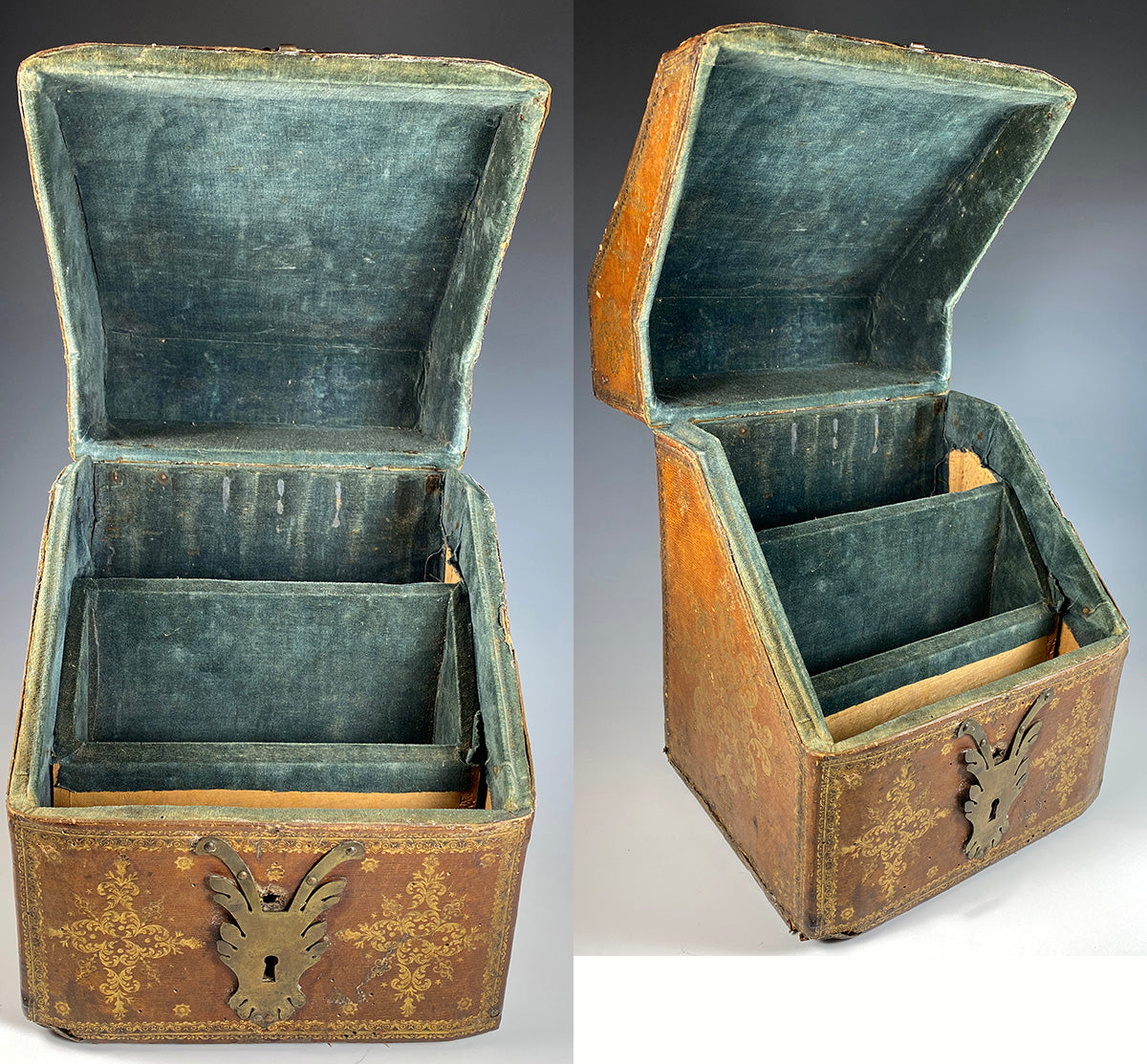 Antique 18th Century Gold Embossed Leather Writer's Cabinet, Box, Chest, Italian or French
