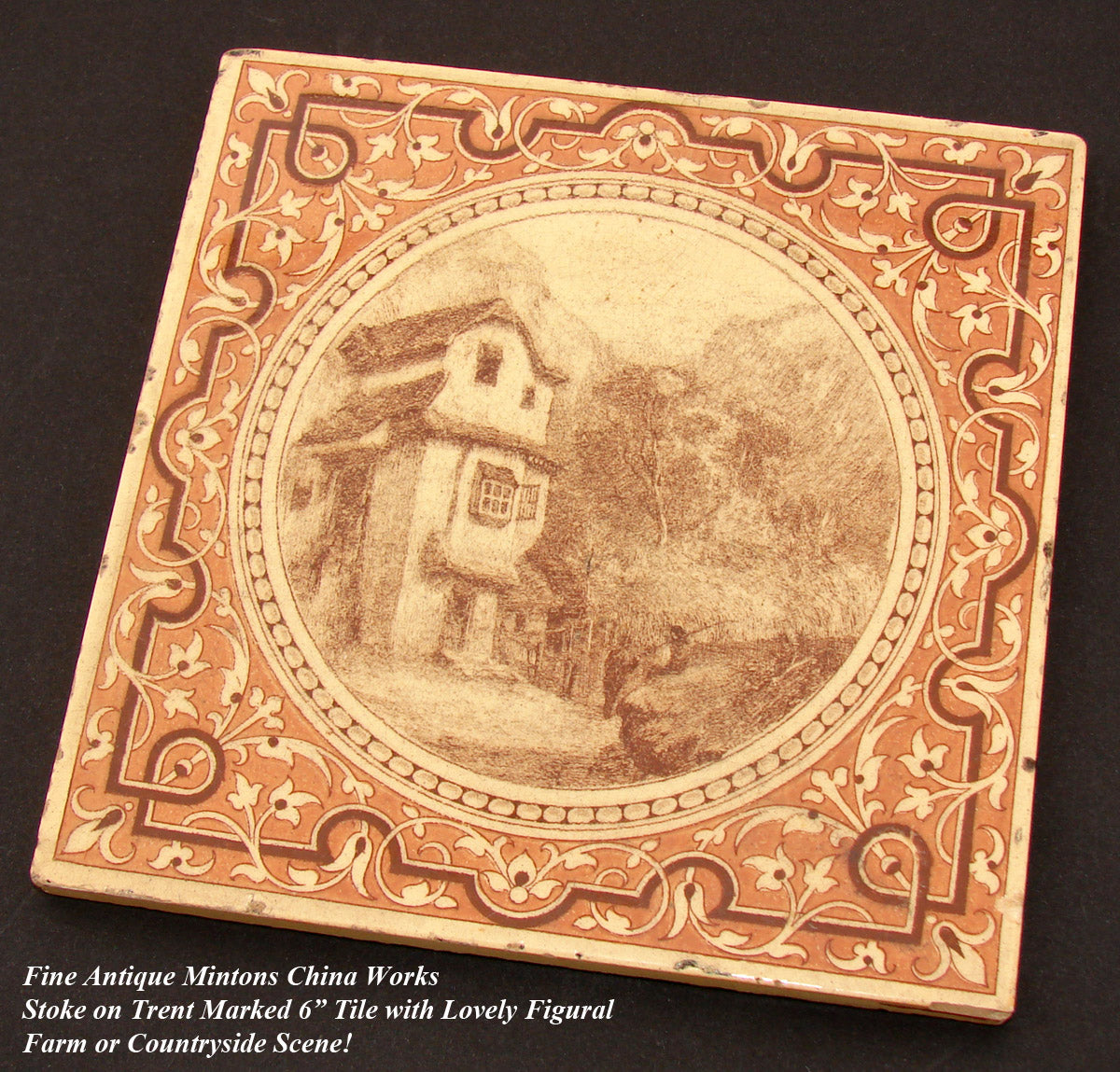 Fine Antique Minton China Works 6" Ceramic Tile, Figural Countryside House Scene