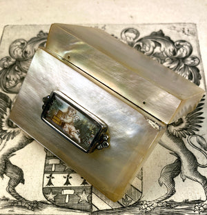 Antique 18th Century Patch Box, Mother of Pearl, 12k Gold, Portrait Miniature in Silver, Seed Pearls