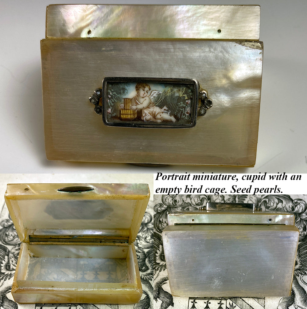 Antique 18th Century Patch Box, Mother of Pearl, 12k Gold, Portrait Miniature in Silver, Seed Pearls