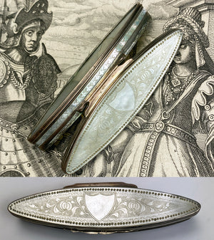 Antique 18th Century French Patch Box, Navette Toothpick Etui, Mother of Pearl, Sterling Silver