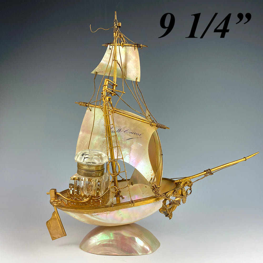 Antique French Mother of Pearl Shell Sail Boat 9.25" Tall w Inkwell, Anchor, Superb Detail